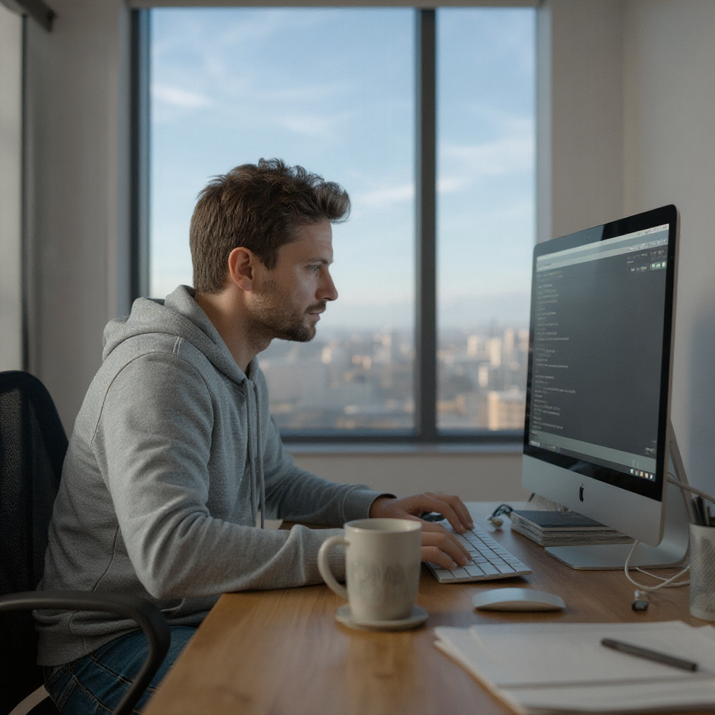 Firefly_Flux_I want an image of a 35 years old man looking at his computer in his office, it is 4p 763166
