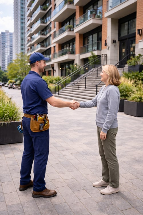Woman and plumber in front of a condo